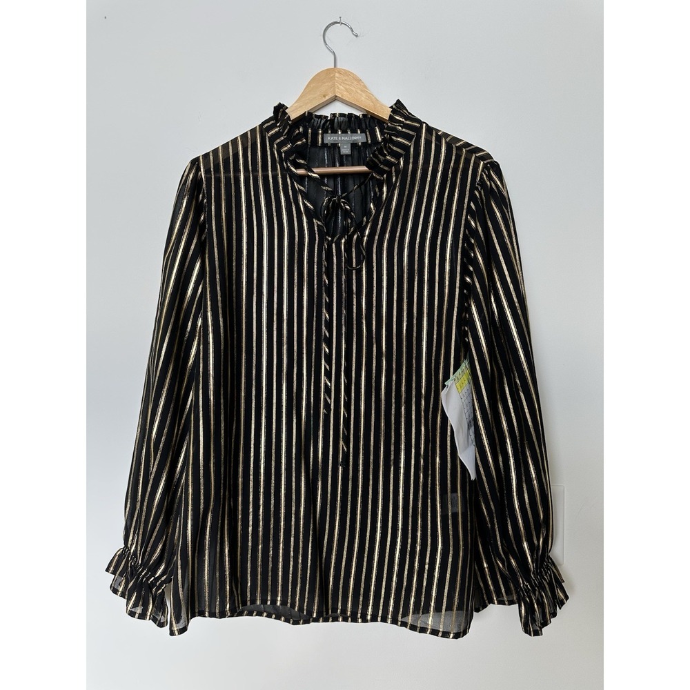 Kate & Mallory Womens Medium Black Gold Striped Long Sleeve Dress Shirt